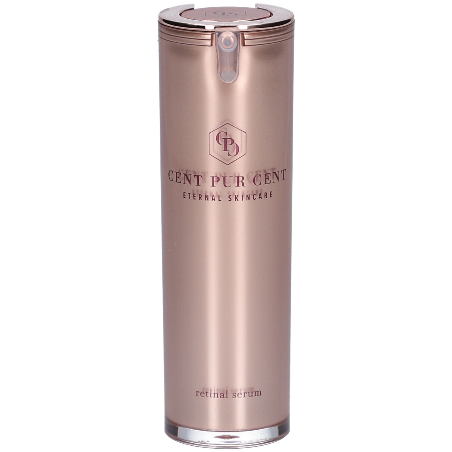 Flacon cylindrique rose doré avec bouchon argenté. Inscription: CENT PUR CENT, Eternal Skincare. Retinal Serum en bas.