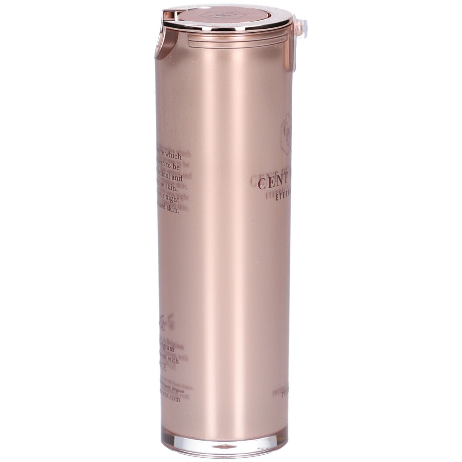Flacon cylindrique rose doré. Bouchon argenté. Inscription: CENT PUR CENT, Eternal Skincare. Texte sur le côté.