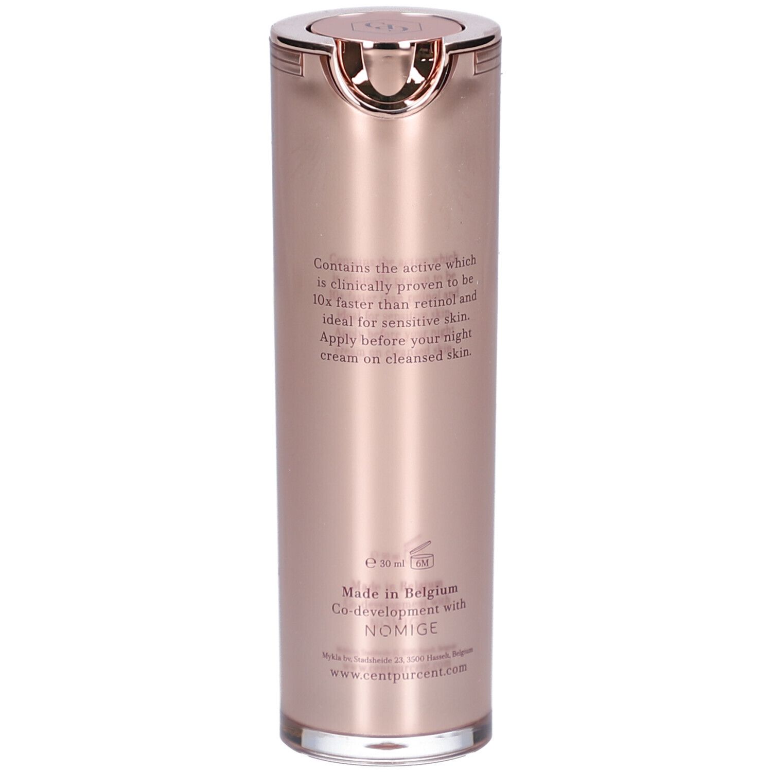 Flacon rose doré avec texte. Bouchon argenté. Texte: Contient l'ingrédient actif 10x plus rapide que le rétinol.