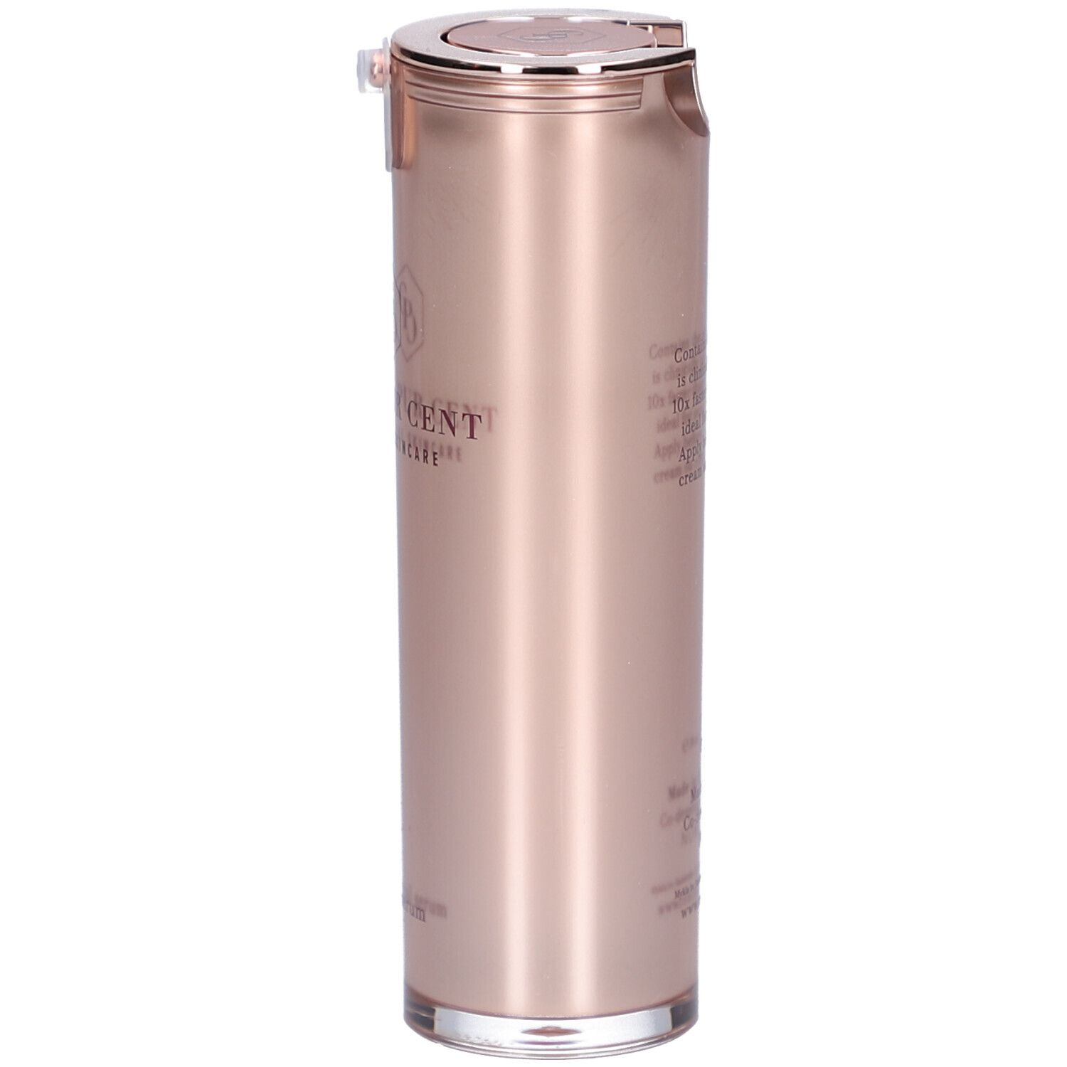 Flacon rose doré. Bouchon argenté. Texte: CENT PUR CENT, Eternal Skincare. Fabriqué en Belgique.