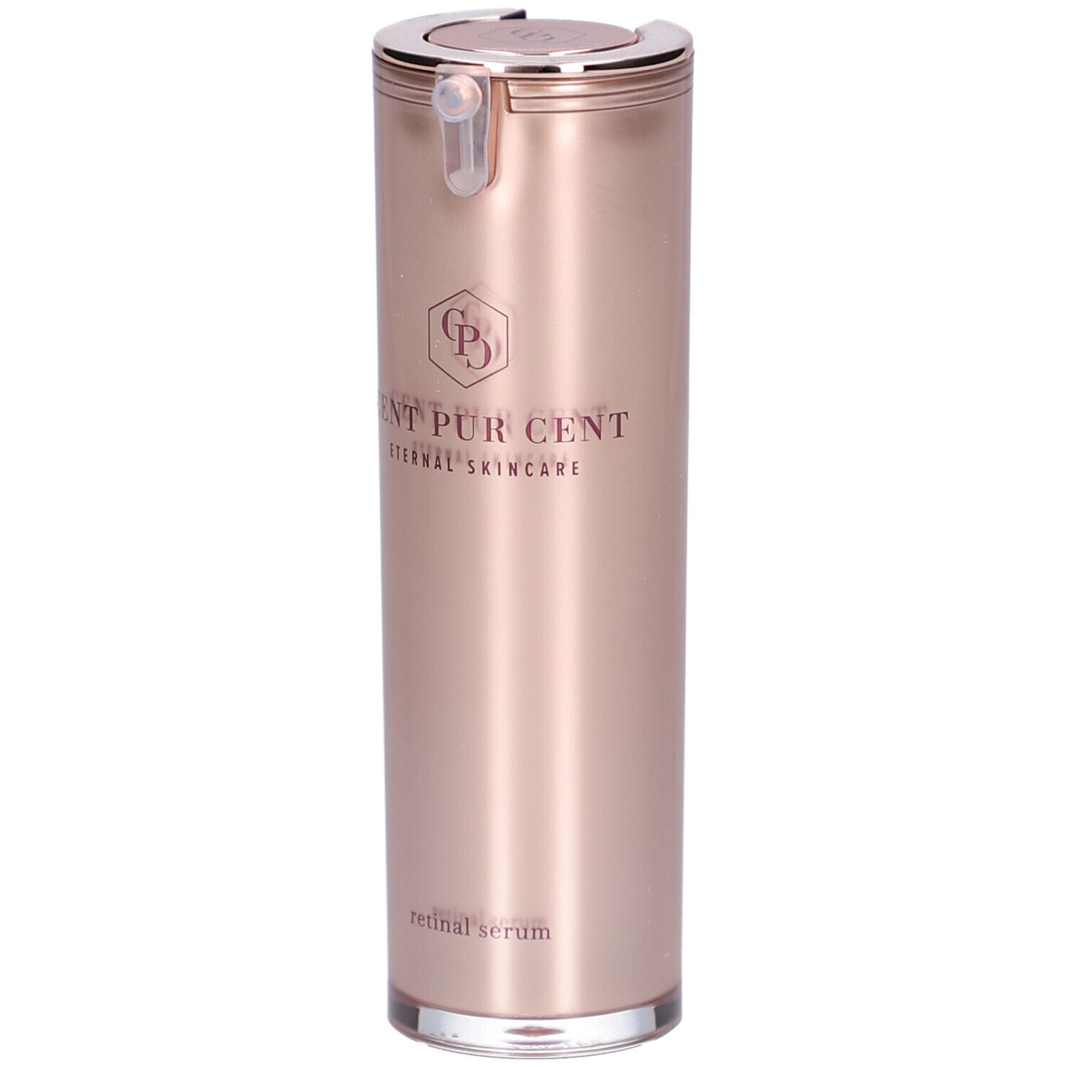 Flacon cylindrique rose doré, bouchon argenté. Inscription: CENT PUR CENT, Eternal Skincare. Retinal Serum.
