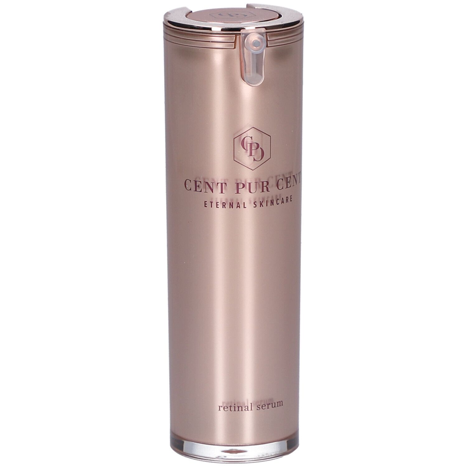 Flacon cylindrique rose doré, bouchon argenté. Inscription: CENT PUR CENT, Eternal Skincare. Retinal Serum.