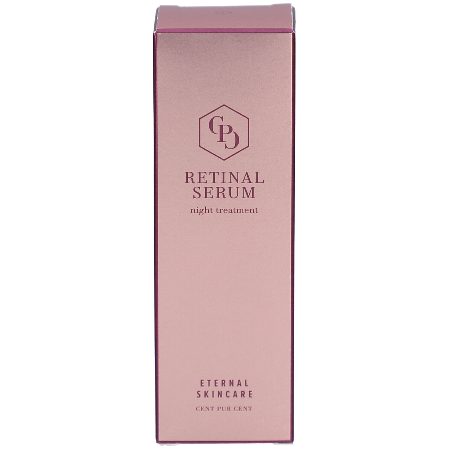 Emballage en carton. Rose avec inscription: Retinal Serum, Eternal Skincare, CENT PUR CENT.