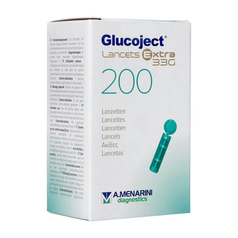 Boîte de lancettes Glucoject Extra 33G, contenant 200 lancettes. Marque A. Menarini Diagnostics. Illustration d'une lancette.