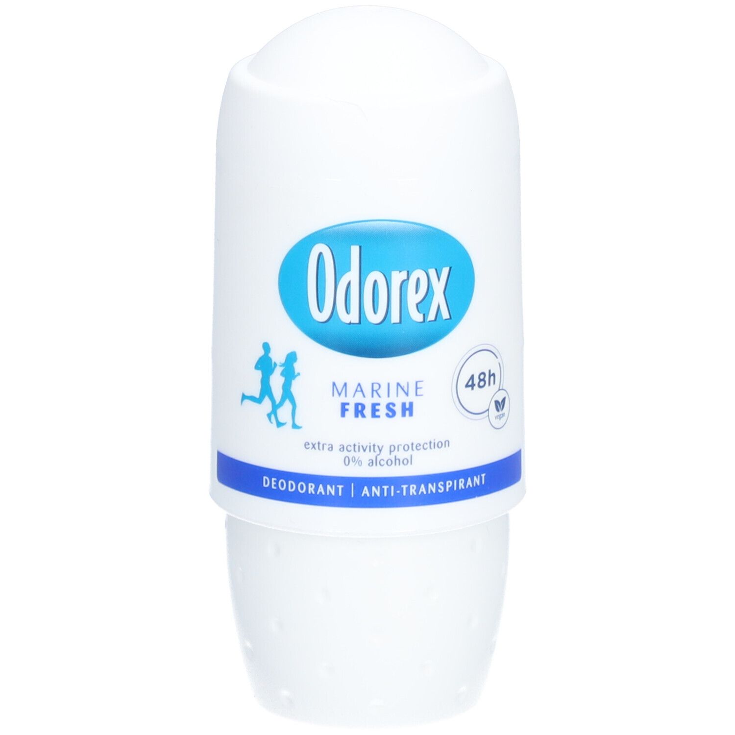 Déodorant roll-on blanc. Logo bleu Odorex, Marine Fresh, protection 48h, et anti-transpirant.
