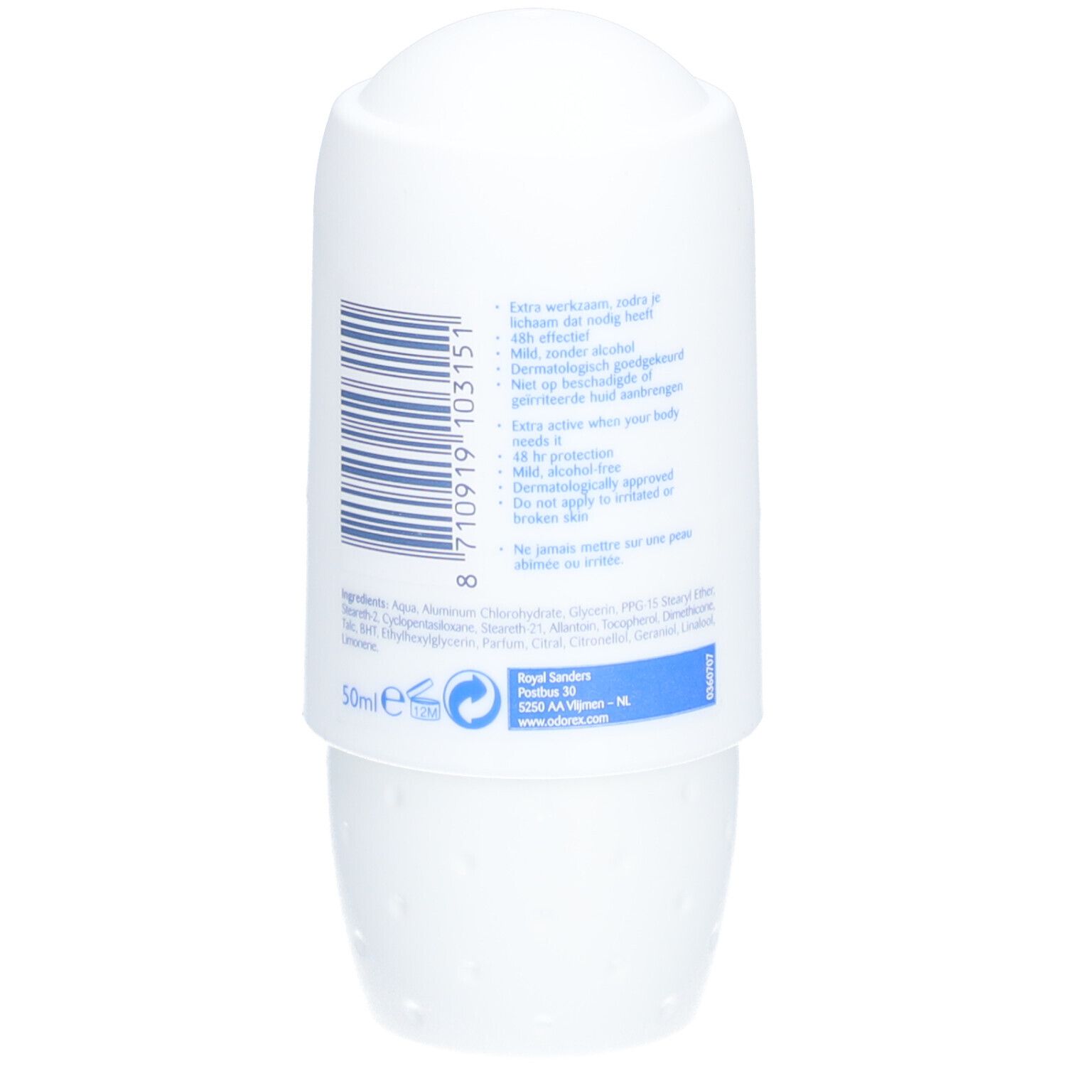 Dos du déodorant roll-on blanc. Contient des informations, ingrédients et code-barres.
