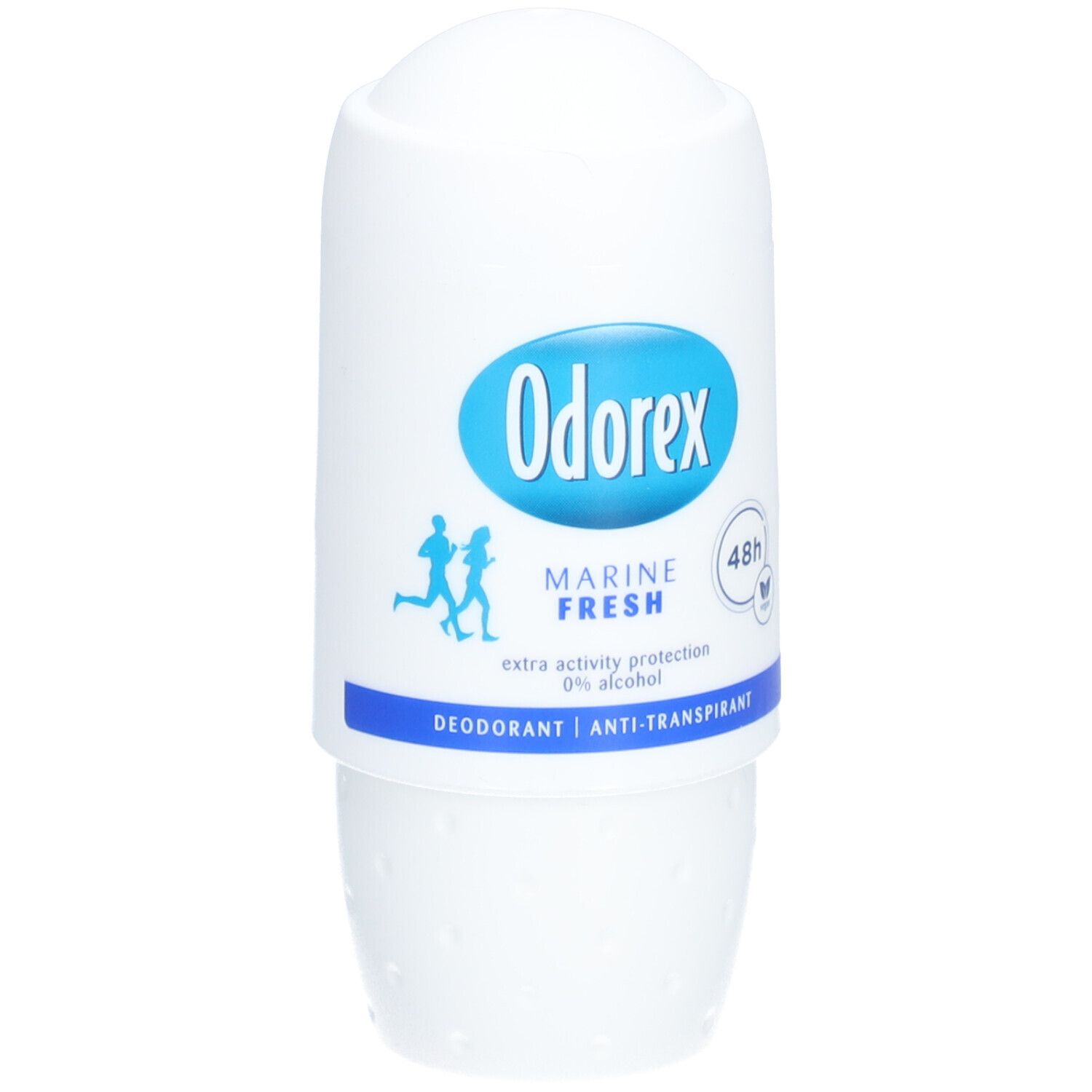 Déodorant roll-on blanc avec logo bleu. Contient Odorex, Marine Fresh, protection 48h, et anti-transpirant.