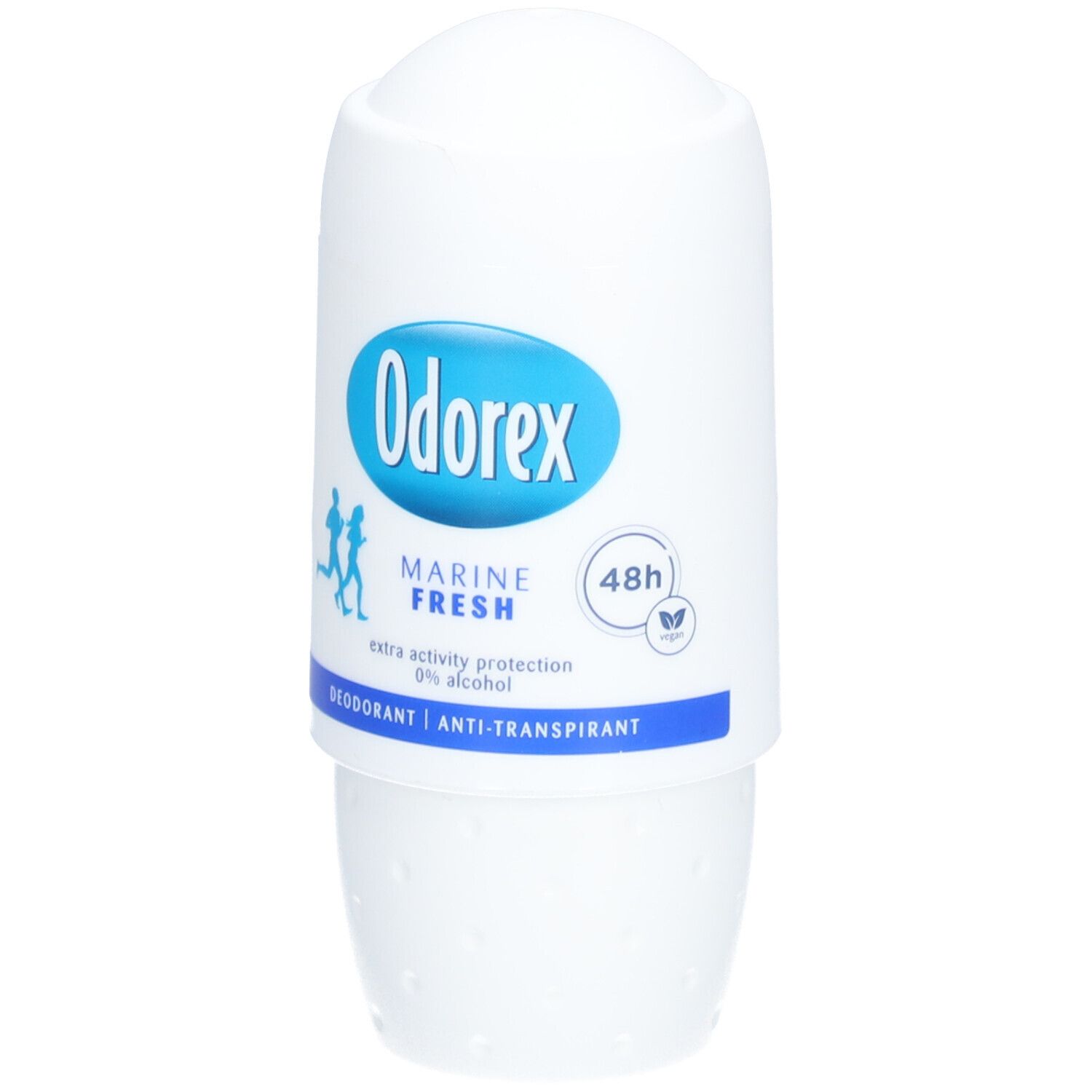Déodorant roll-on blanc avec logo bleu. Contient Odorex, Marine Fresh, protection 48h, et anti-transpirant.