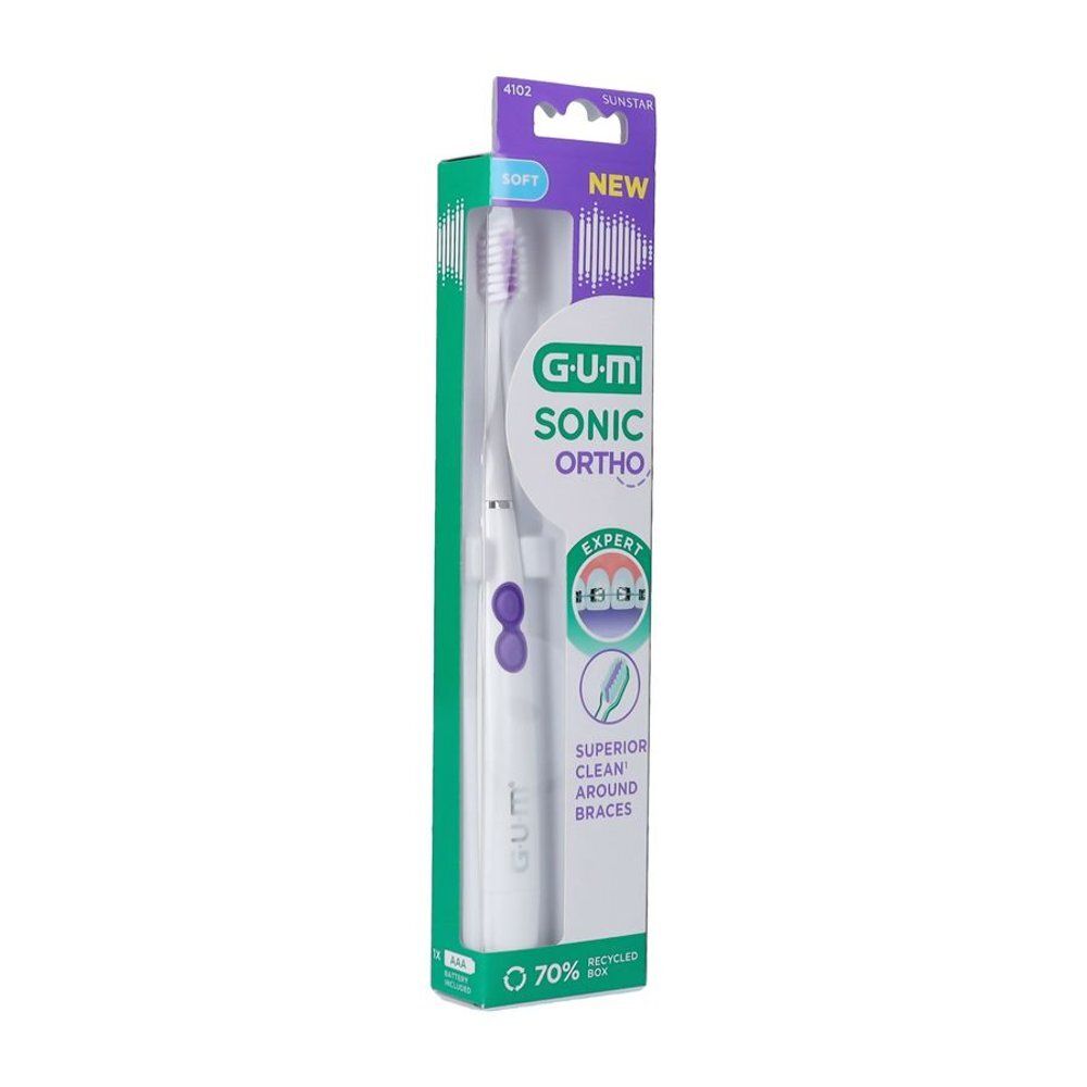 Brosse à dents GUM Sonic Ortho en emballage, vue de face.