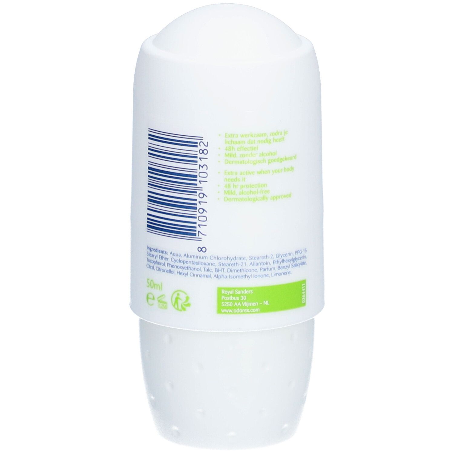 Déodorant roll-on blanc. Dos avec code-barres, ingrédients et texte. Nom du produit non visible.