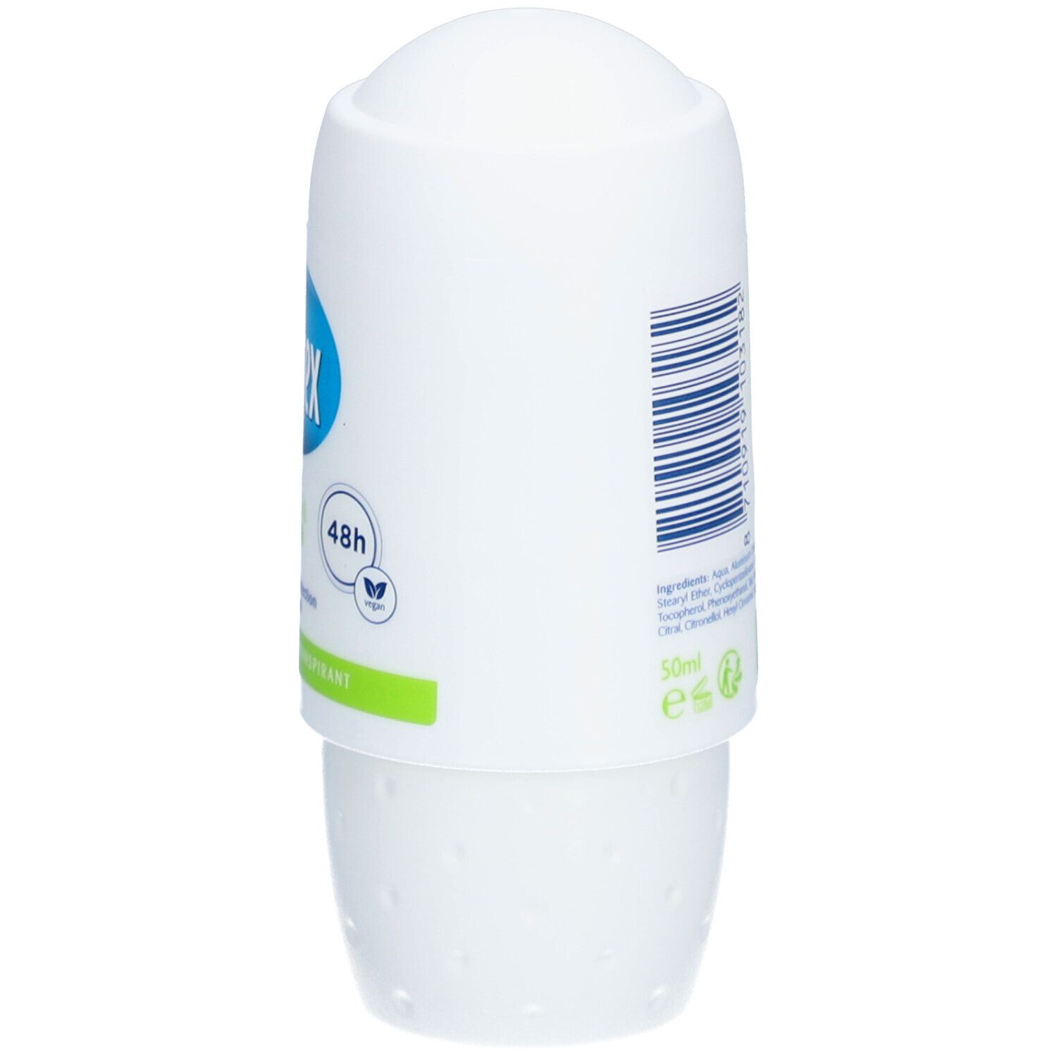 Déodorant roll-on blanc. Côté avec code-barres, ingrédients et texte. Nom du produit non visible.