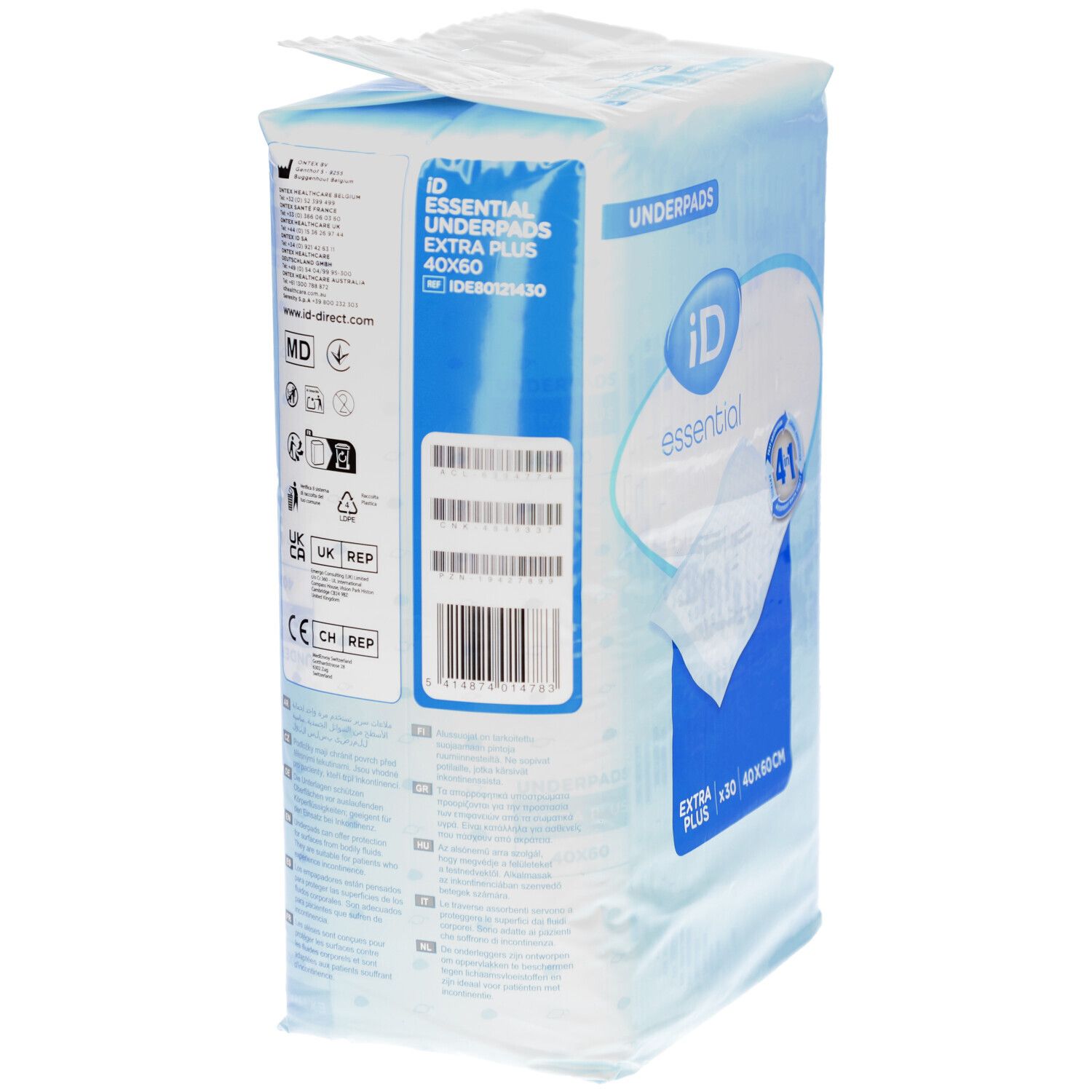 Dos de l'emballage iD essential Extra Plus 40x60cm. Informations, code-barres et logos.