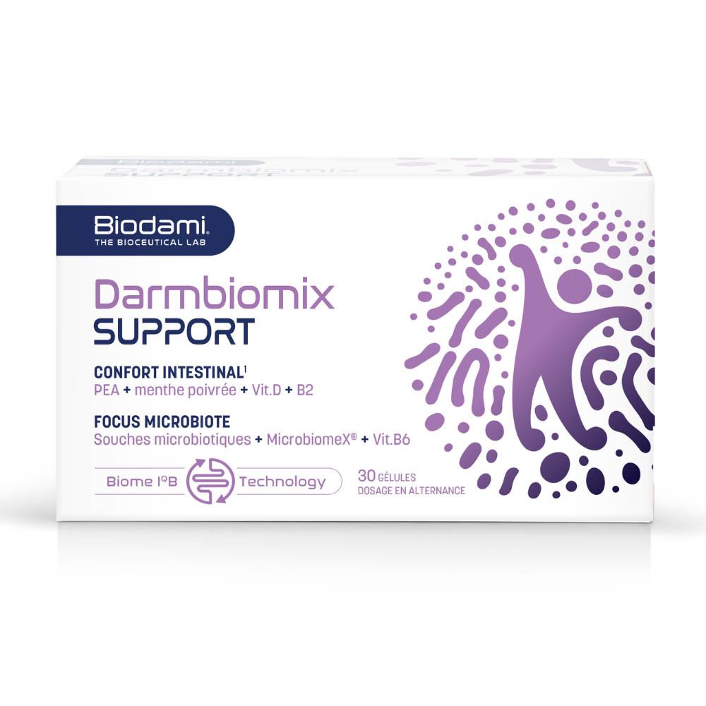 Boîte de Darmbiomix Support. Carton blanc avec nom et logo du produit. 30 gélules.