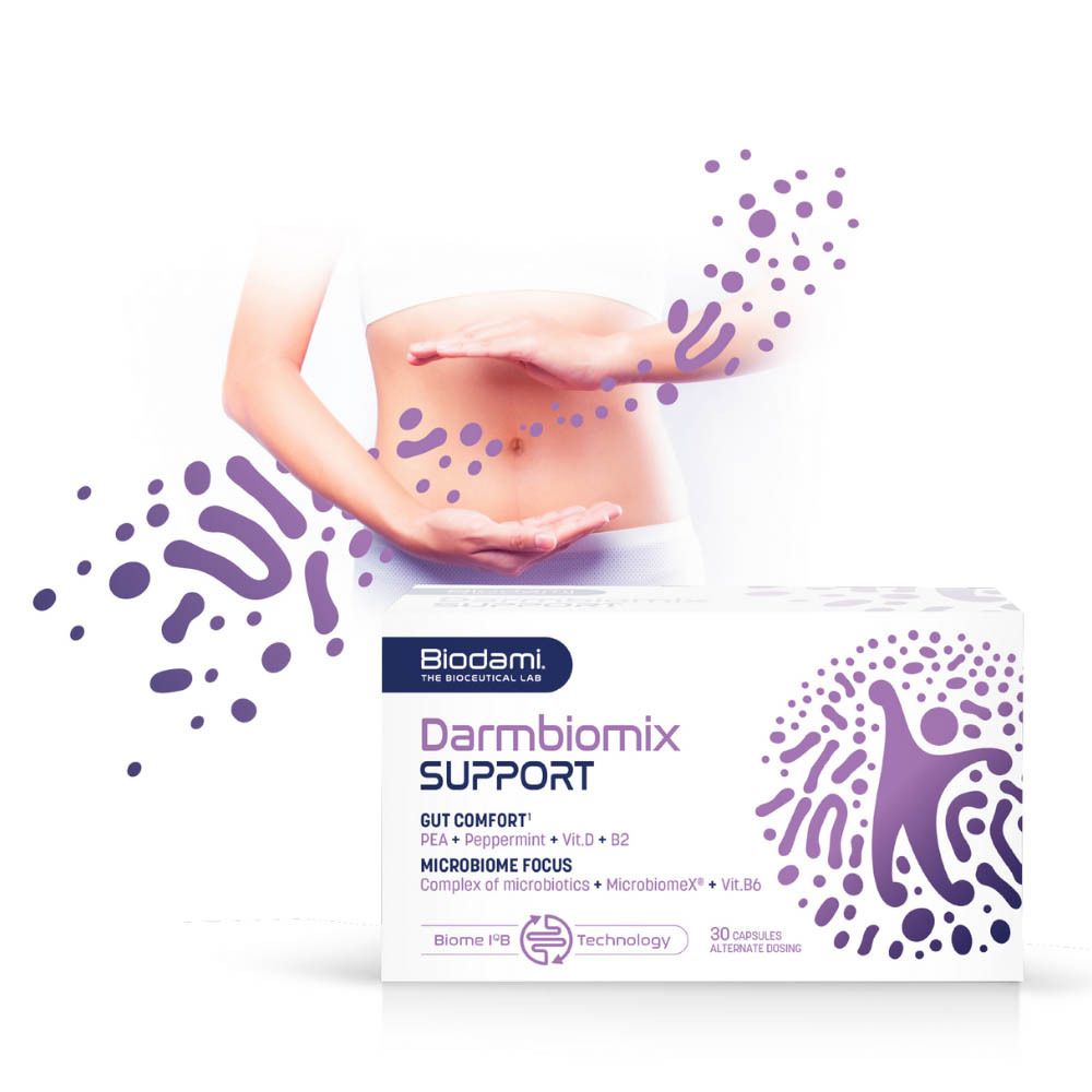 Femme tenant ses mains sur son ventre. Boîte de Darmbiomix Support. Illustration de bactéries intestinales.