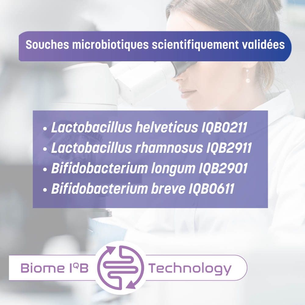 Infographie : souches microbiotiques scientifiquement validées. Microscope et texte.