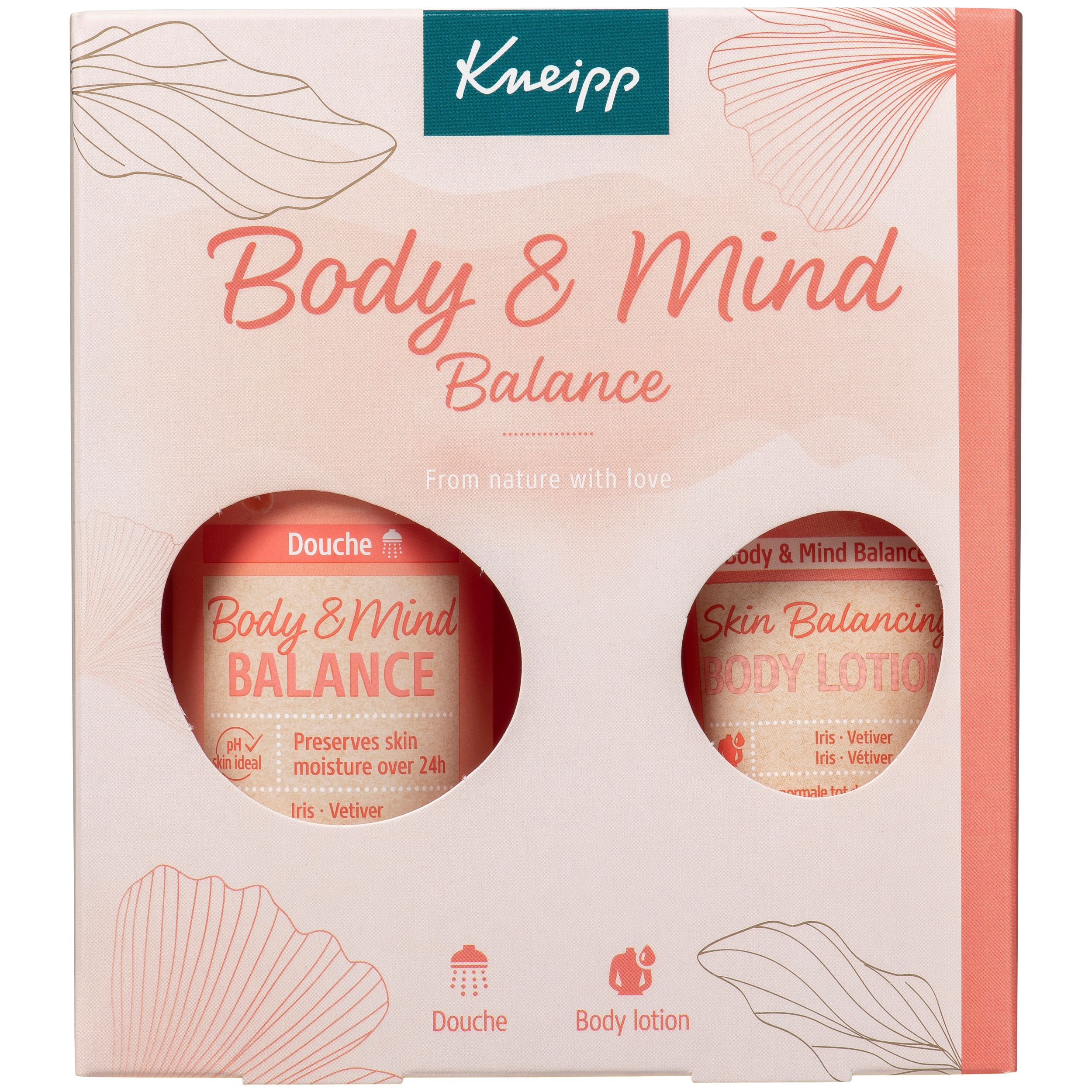 Coffret cadeau Kneipp avec gel douche et lotion pour le corps. Emballage rose et blanc avec éléments floraux.