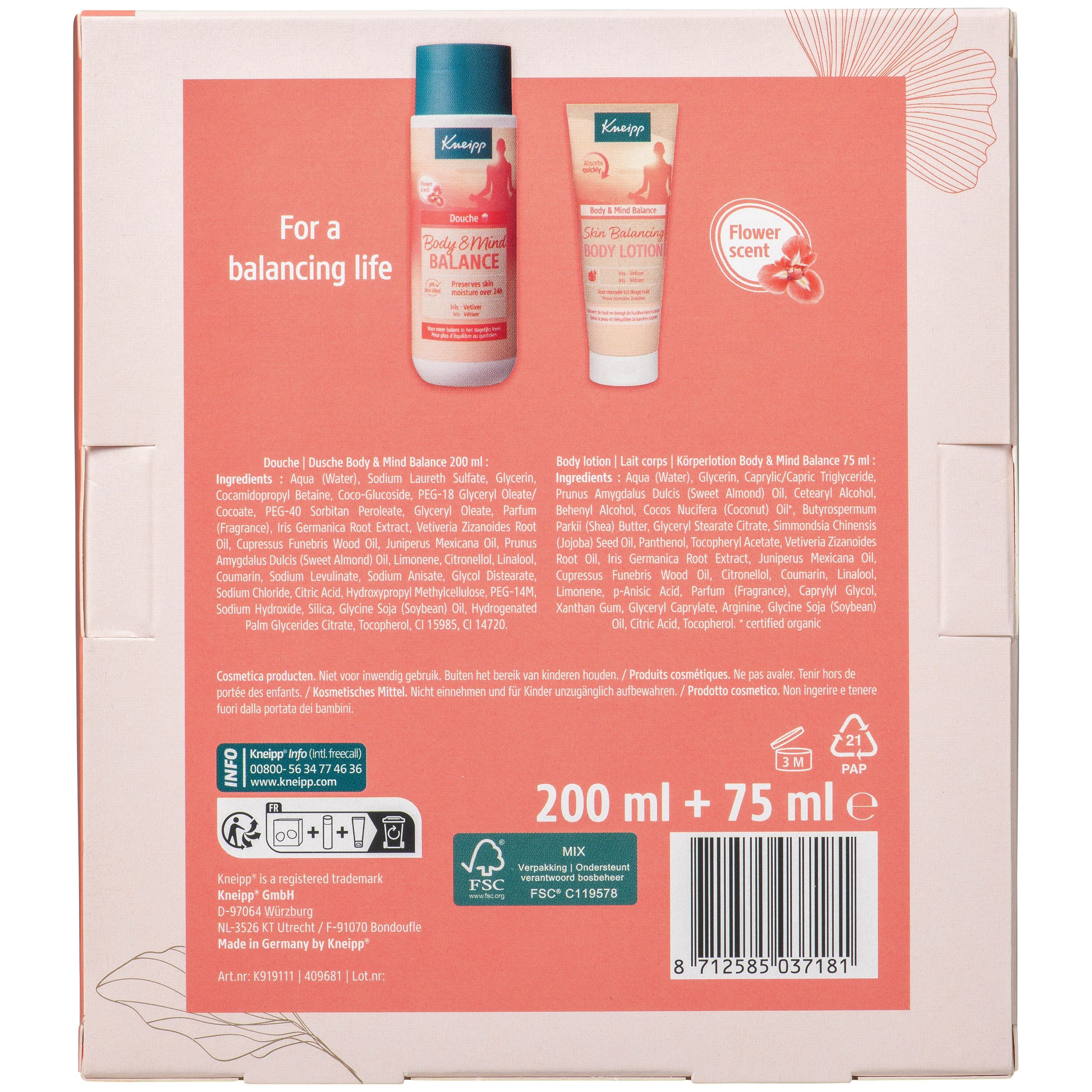 Dos du coffret cadeau avec informations sur le produit. Contient ingrédients, volume et informations fabricant.