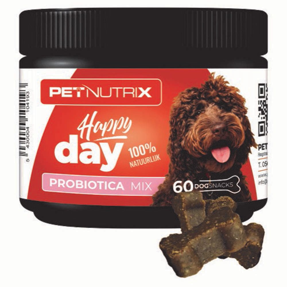 Boîte noire avec étiquette rouge. Inscription: Petnutrix Happy Day Probiotica Mix. Chien représenté. 60 friandises.