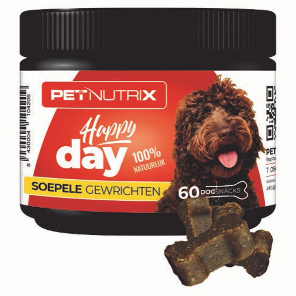 Boîte noire avec étiquette rouge. Inscription: PETNUTRIX Happy Day, 60 Dogsnacks. Image d'un chien et des friandises.