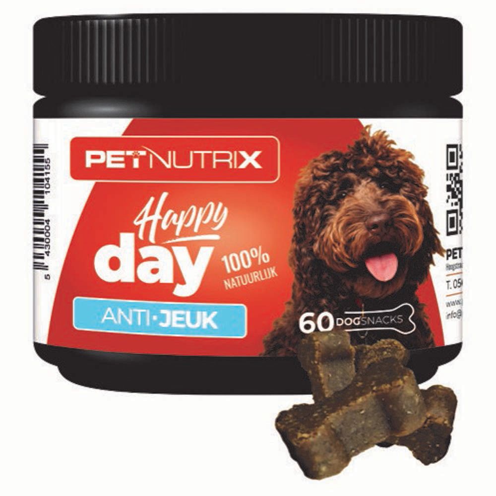 Boîte noire avec étiquette rouge. Inscription: PETNUTRIX Happy day ANTI-JEUK. 60 friandises pour chiens. Chien représenté.