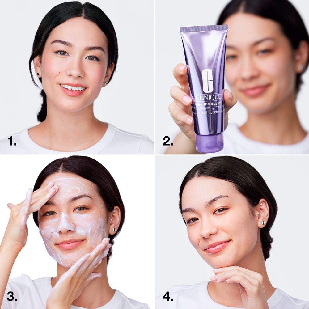 Instructions en quatre étapes : femme avec nettoyant pour le visage Clinique.