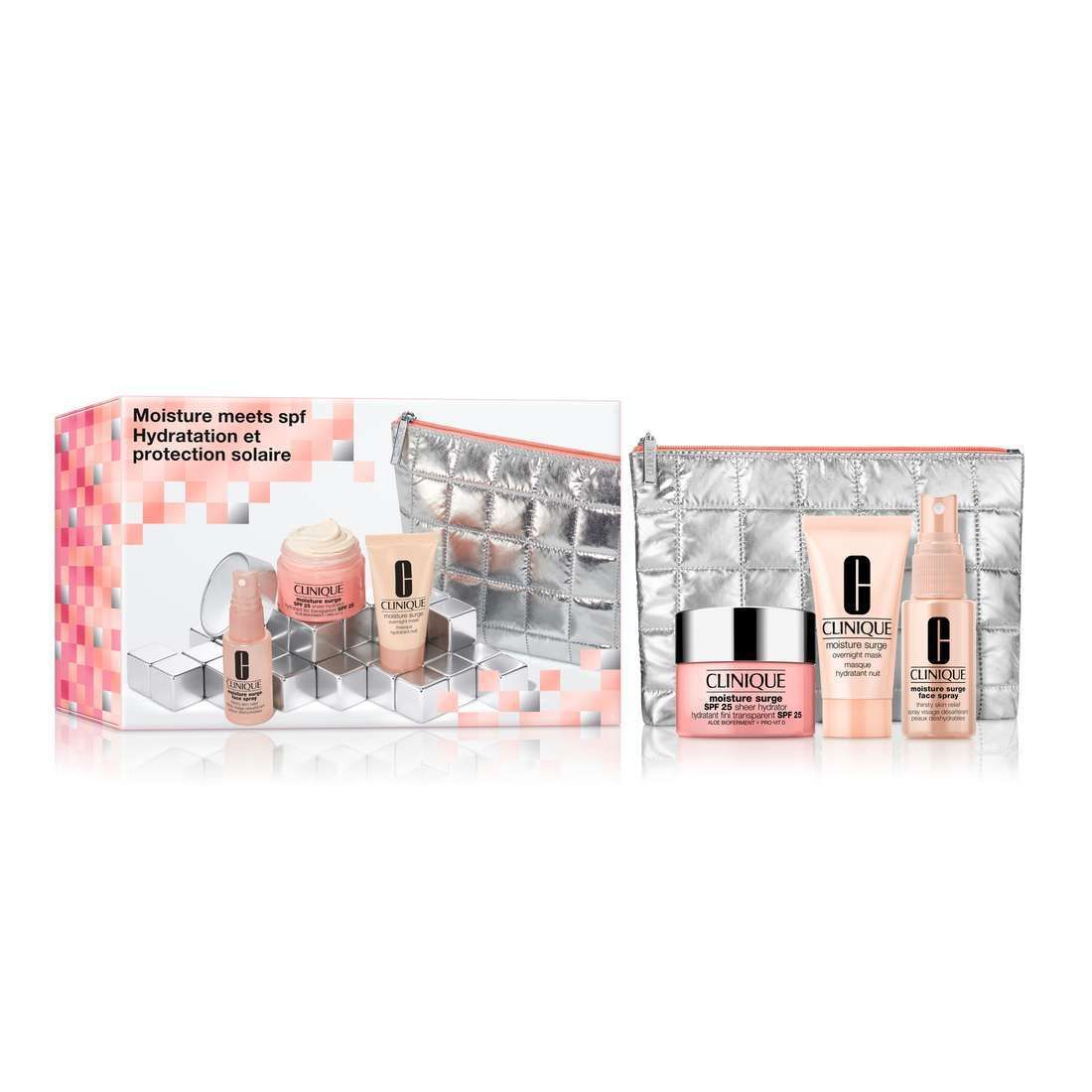 Coffret cadeau de produits cosmétiques. Comprend crèmes, sprays et trousse argentée. Emballage avec texte.