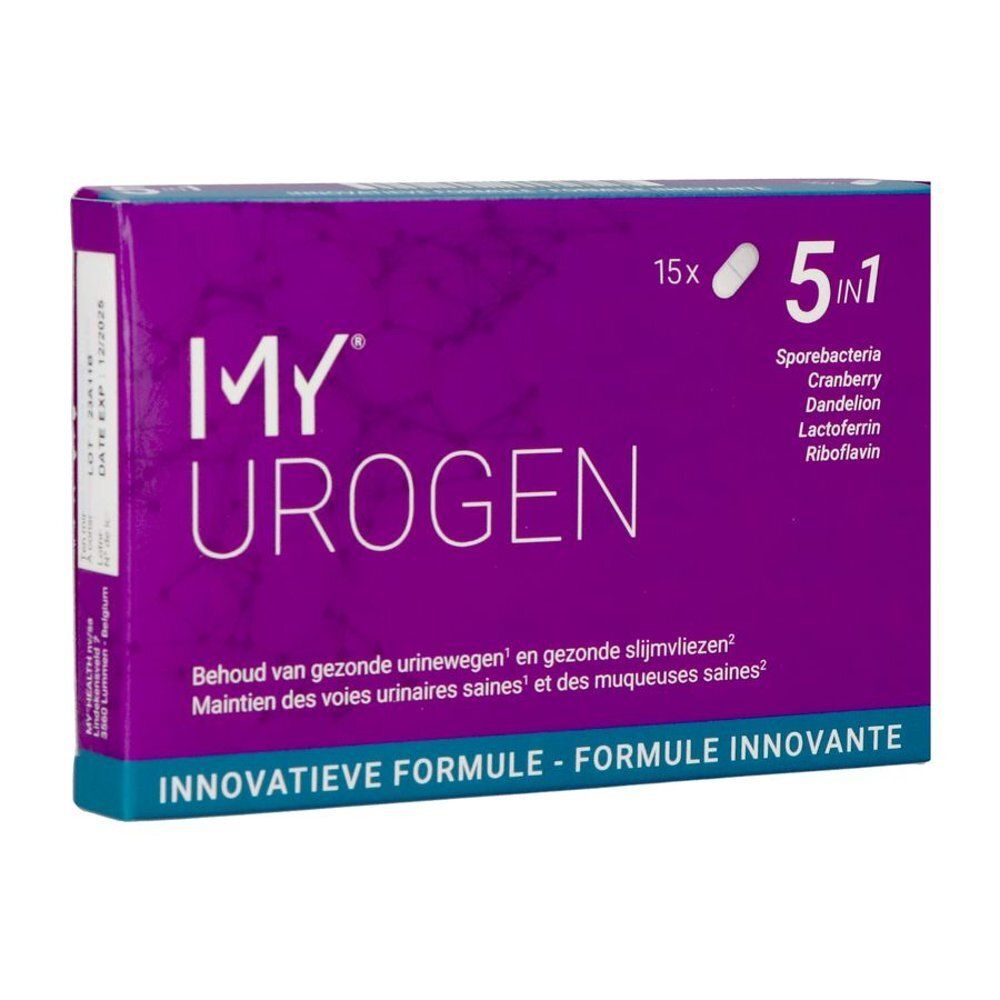Boîte My Urogen 5in1 de 15 capsules. Façade avec nom du produit et formule 5in1.