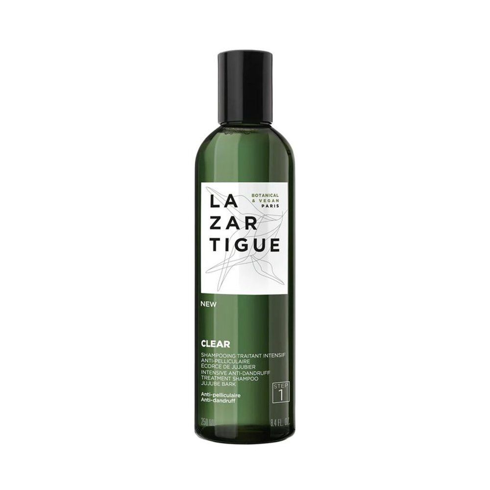 Flacon vert de shampooing. Inscription: LAZARTIGUE, CLEAR, shampooing antipelliculaire. Vegan, 1.