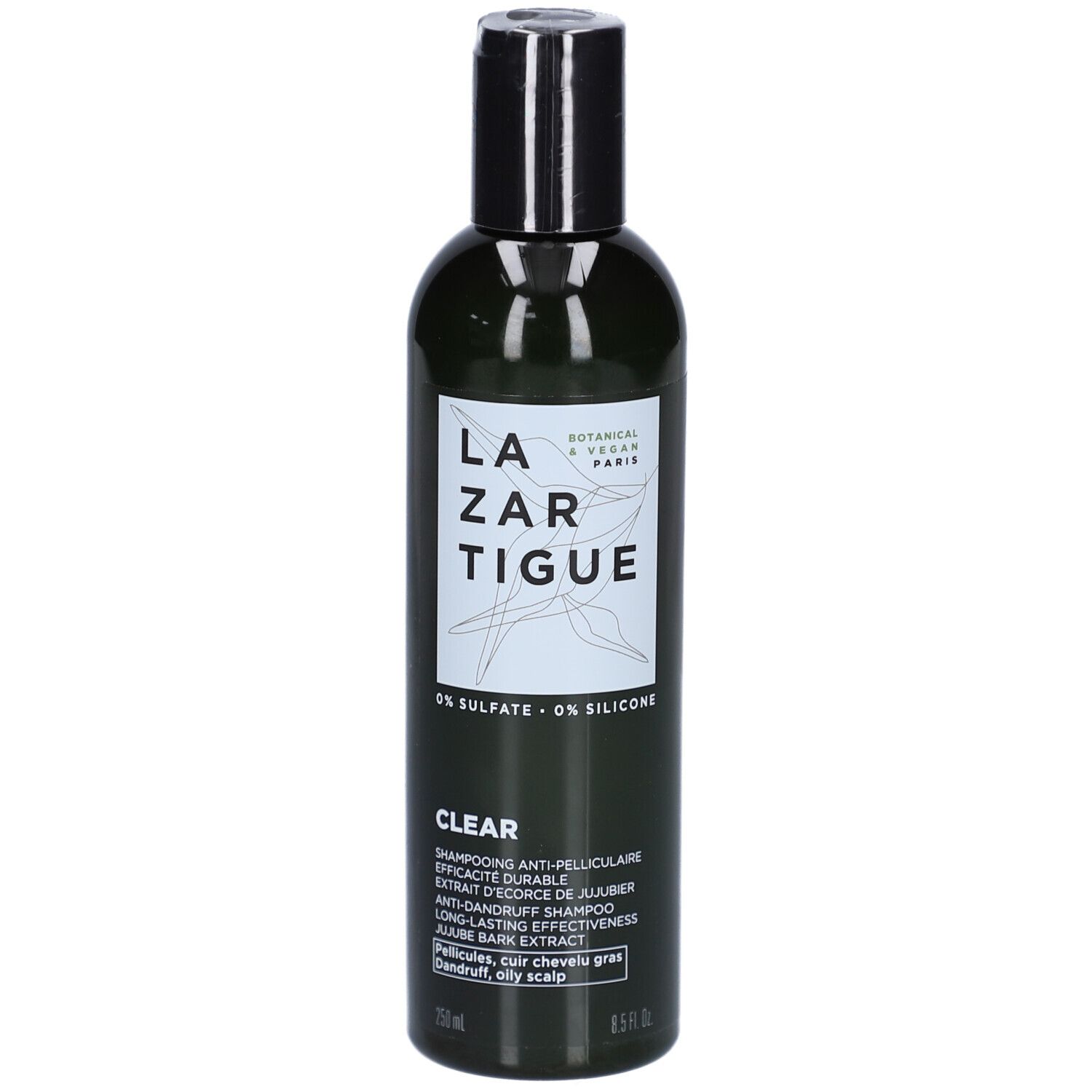 Flacon vert avec bouchon noir. Inscription: LAZARTIGUE, CLEAR, 0% SULFATE - 0% SILICONE. Texte en français.