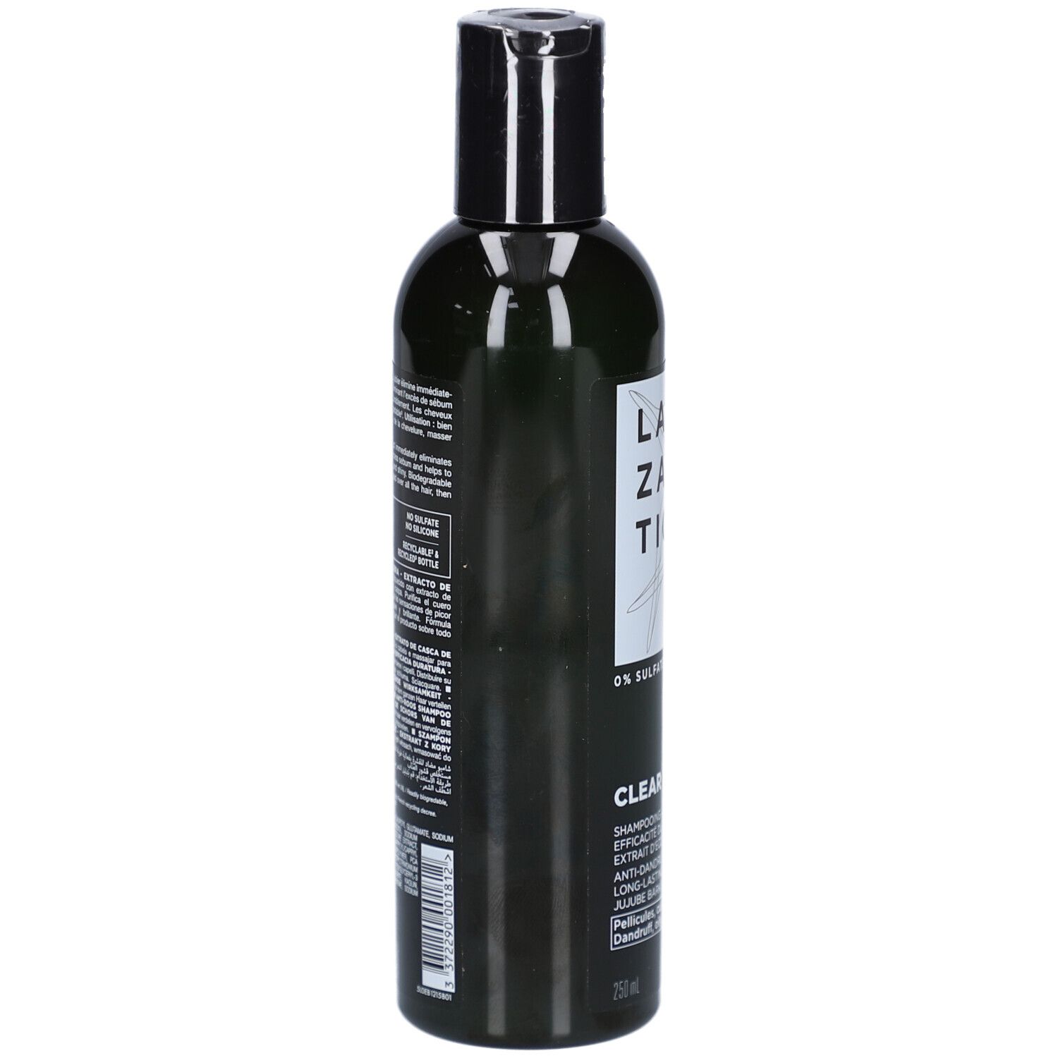 Flacon vert avec bouchon noir. Texte au dos. Code-barres et autres informations.