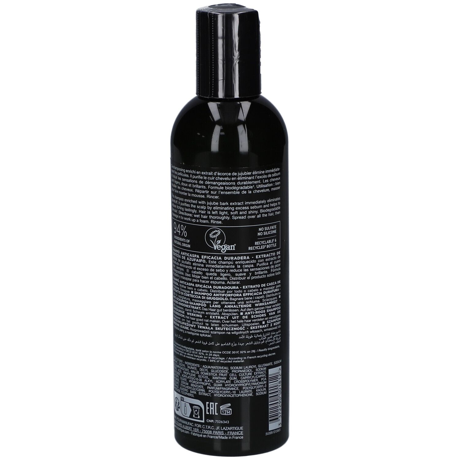 Flacon vert avec bouchon noir. Texte au dos. Logo vegan et autres informations.