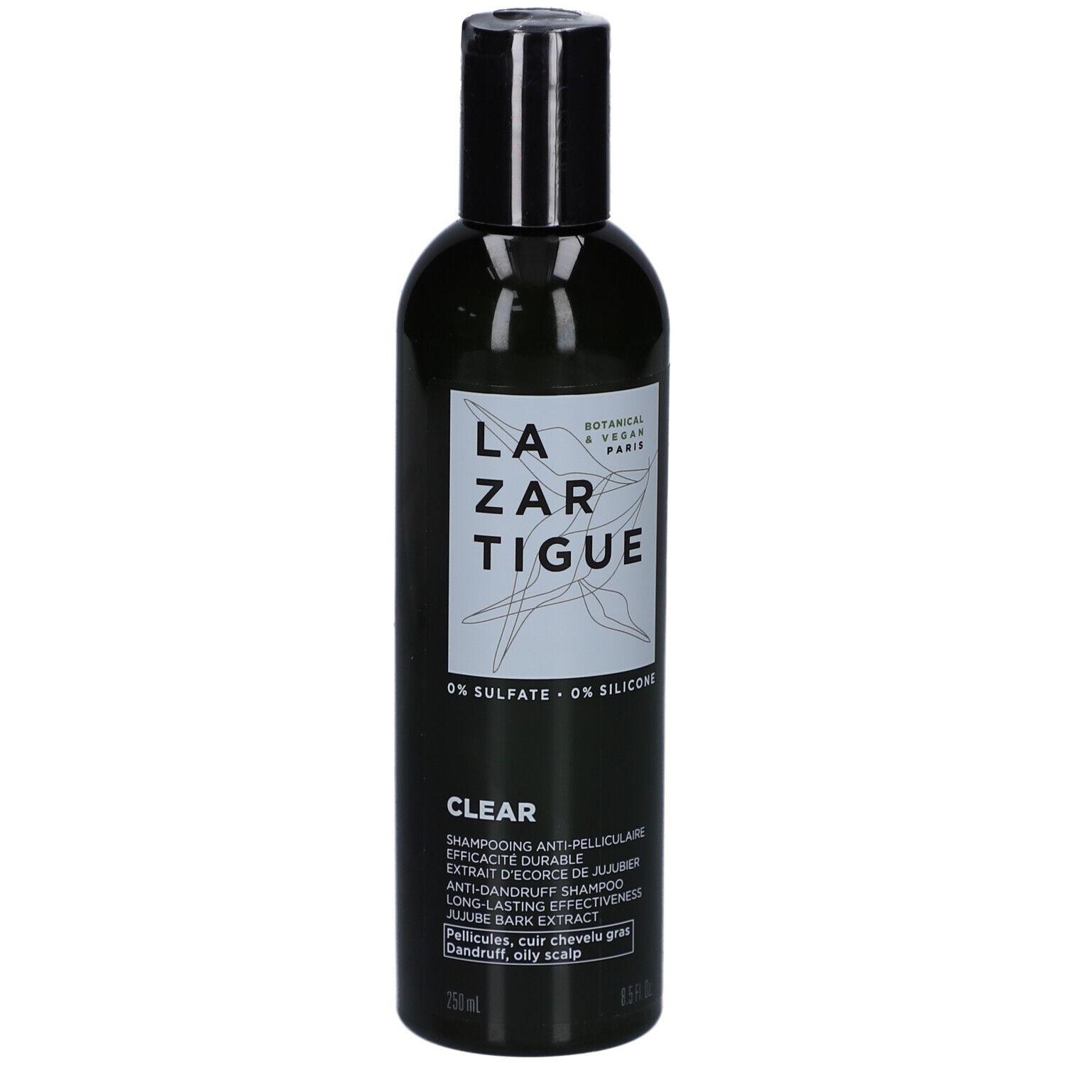 Flacon vert avec bouchon noir. Inscription: LAZARTIGUE, CLEAR, 0% SULFATE - 0% SILICONE. Texte en français.