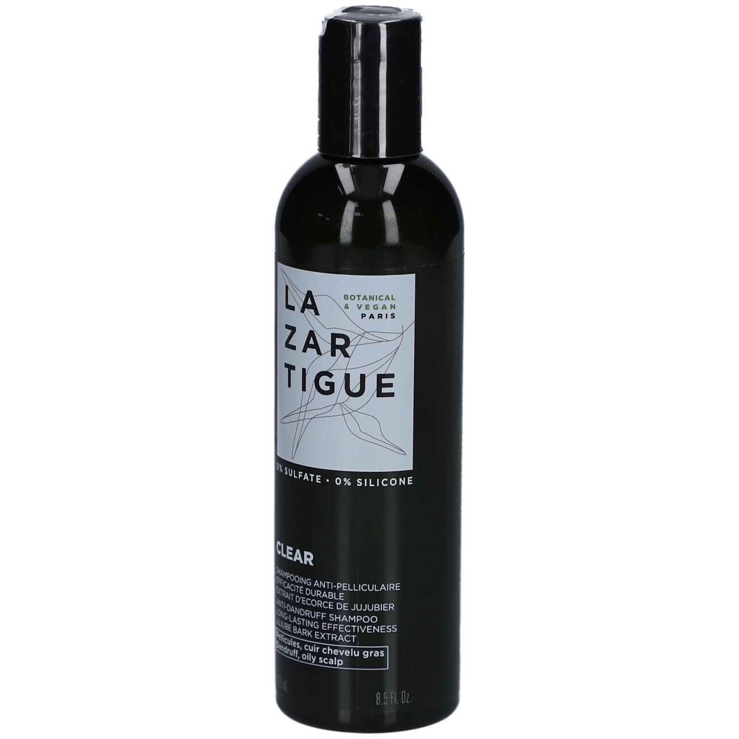 Flacon vert avec bouchon noir. Inscription: LAZARTIGUE, CLEAR, 0% SULFATE - 0% SILICONE. Texte en français.