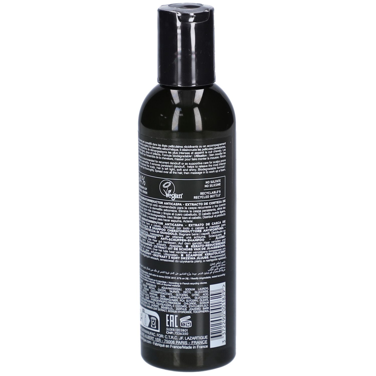 Flacon de shampooing noir. Inscription: LAZARTIGUE. Texte au dos. Logo vegan. Recyclable.