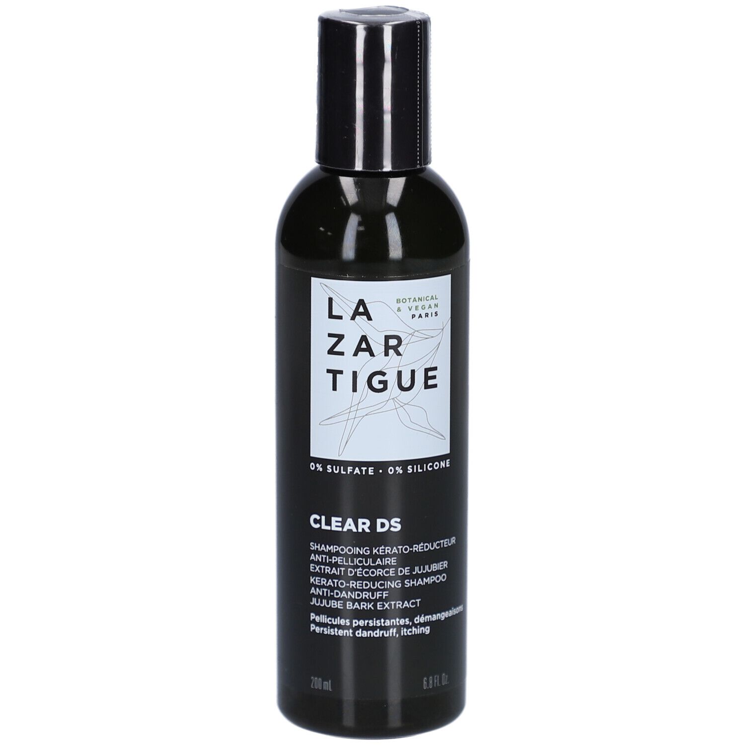 Flacon noir de shampooing. Inscription: LAZARTIGUE, CLEAR DS. Contient de l'extrait de jujube. 200 ml.