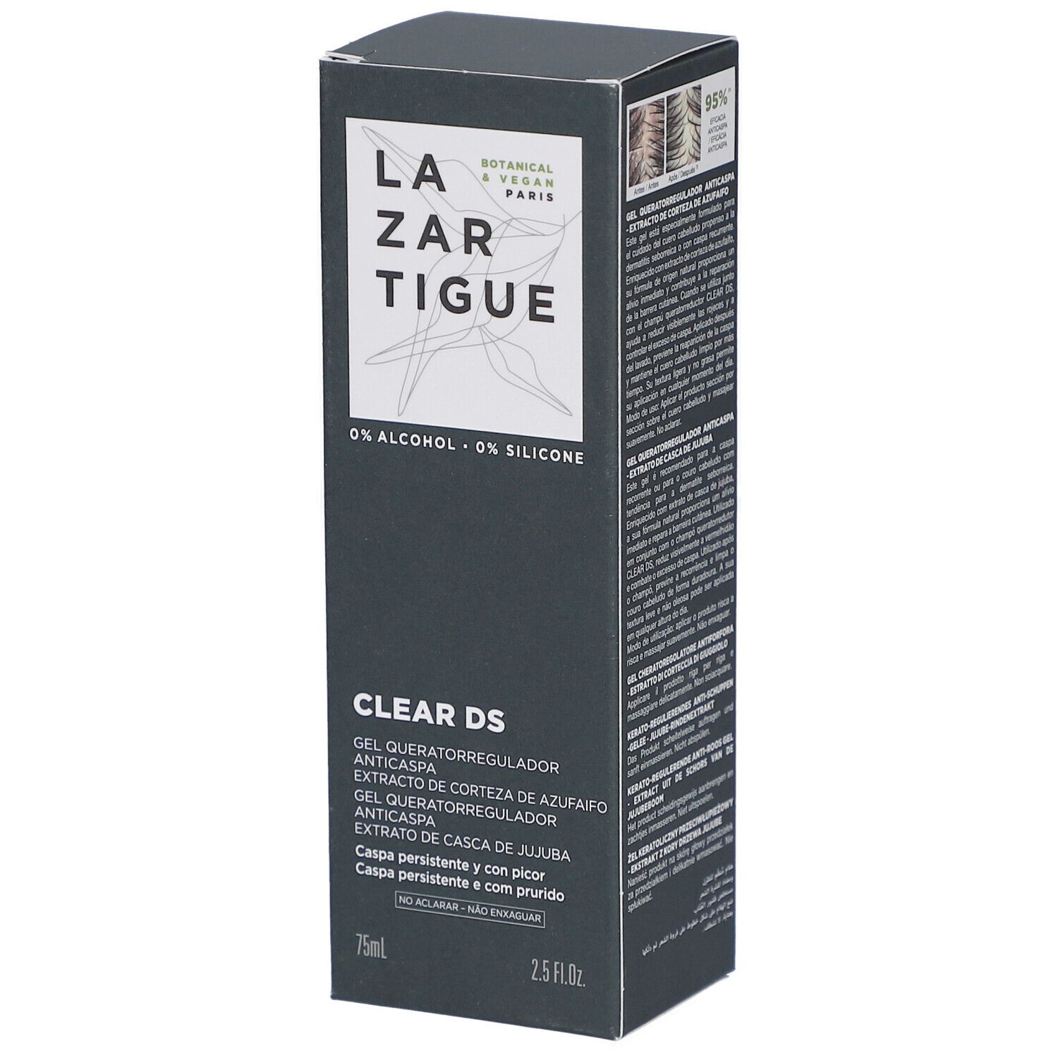 Boîte noire avec le nom LAZARTIGUE et CLEAR DS. Contient du texte en plusieurs langues. 75ml et 2.5 FL.OZ.