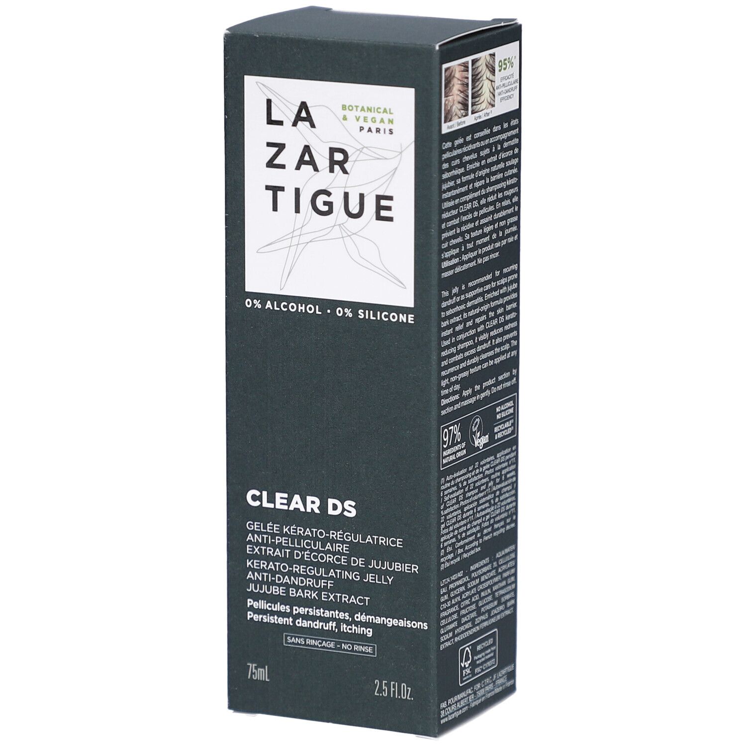 Boîte noire avec le nom LAZARTIGUE et CLEAR DS. Contient du texte en plusieurs langues. 75ml et 2.5 FL.OZ.