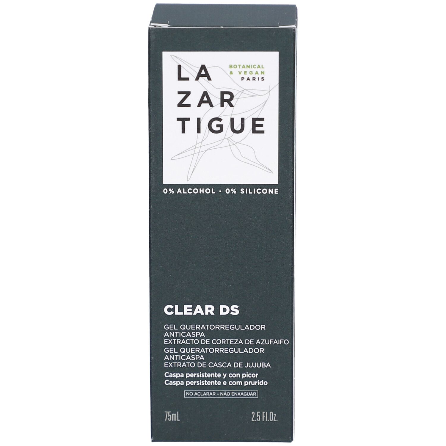 Boîte noire avec le nom LAZARTIGUE et CLEAR DS. Contient du texte en plusieurs langues. 75ml et 2.5 FL.OZ.
