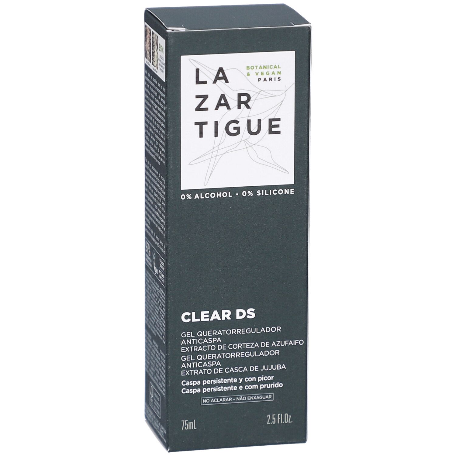 Boîte noire avec le nom LAZARTIGUE et CLEAR DS. Contient du texte en plusieurs langues. 75ml et 2.5 FL.OZ.