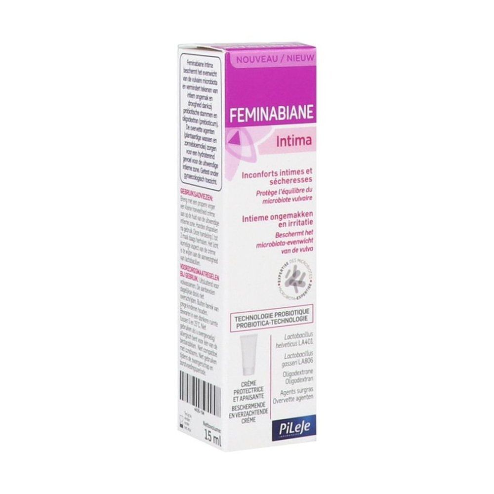 Boîte Feminabiane Intima. Pour inconforts intimes. Technologie probiotique. Volume : 15 ml.