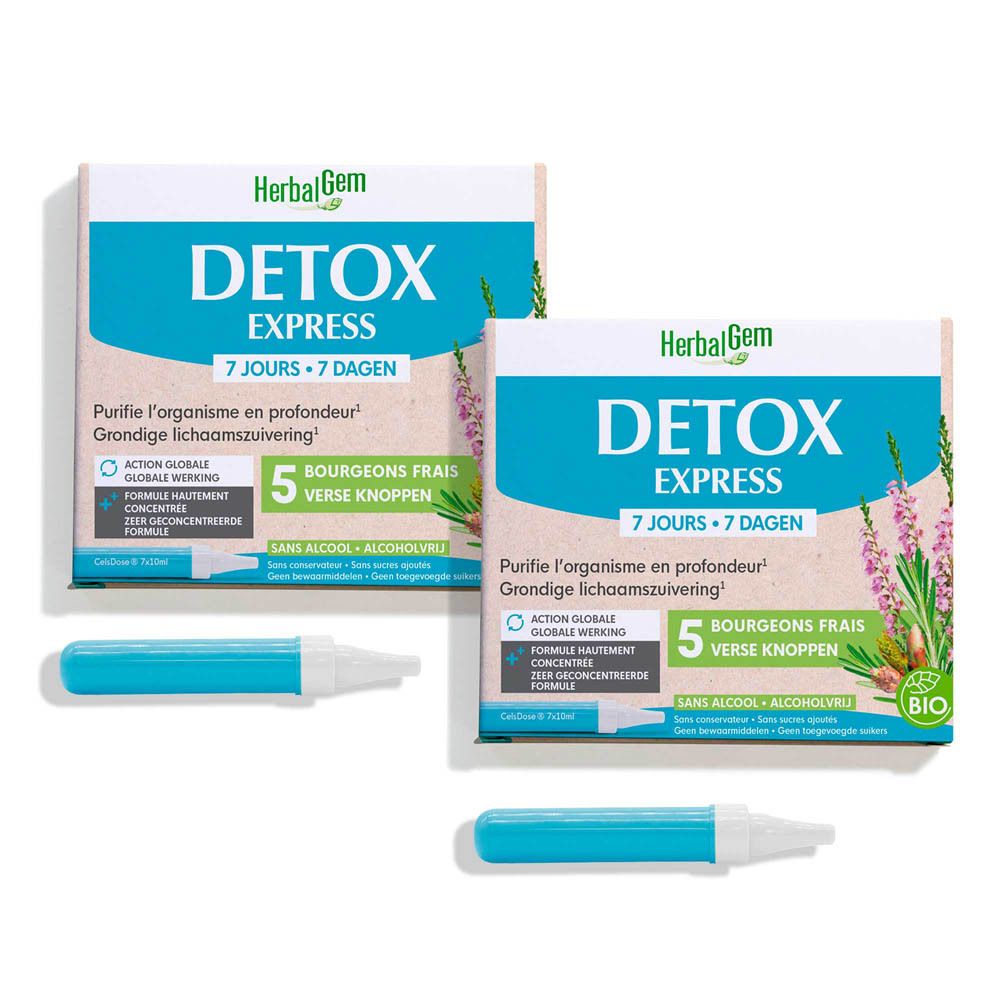 Deux boîtes Herbalgem Detox Express avec ampoules. Texte: Detox Express, 7 jours. Ampoules bleues.