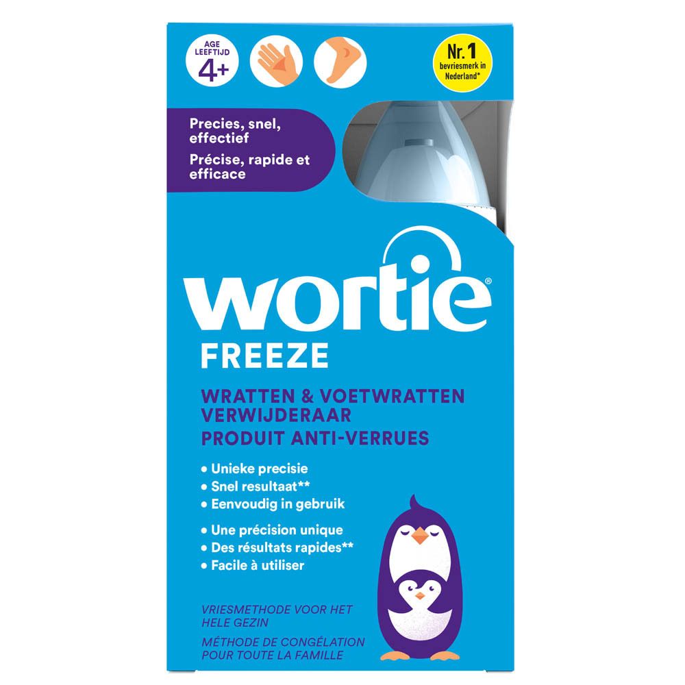 Emballage bleu avec produit. Texte : Wortie Freeze, anti-verrues. Pictogrammes et informations.