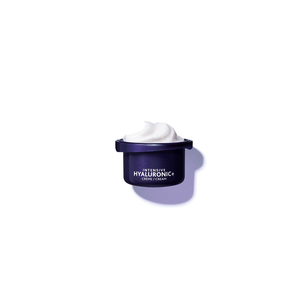Pot bleu avec crème blanche. Inscription: Intensive Hyaluronic+, Crème/Cream.