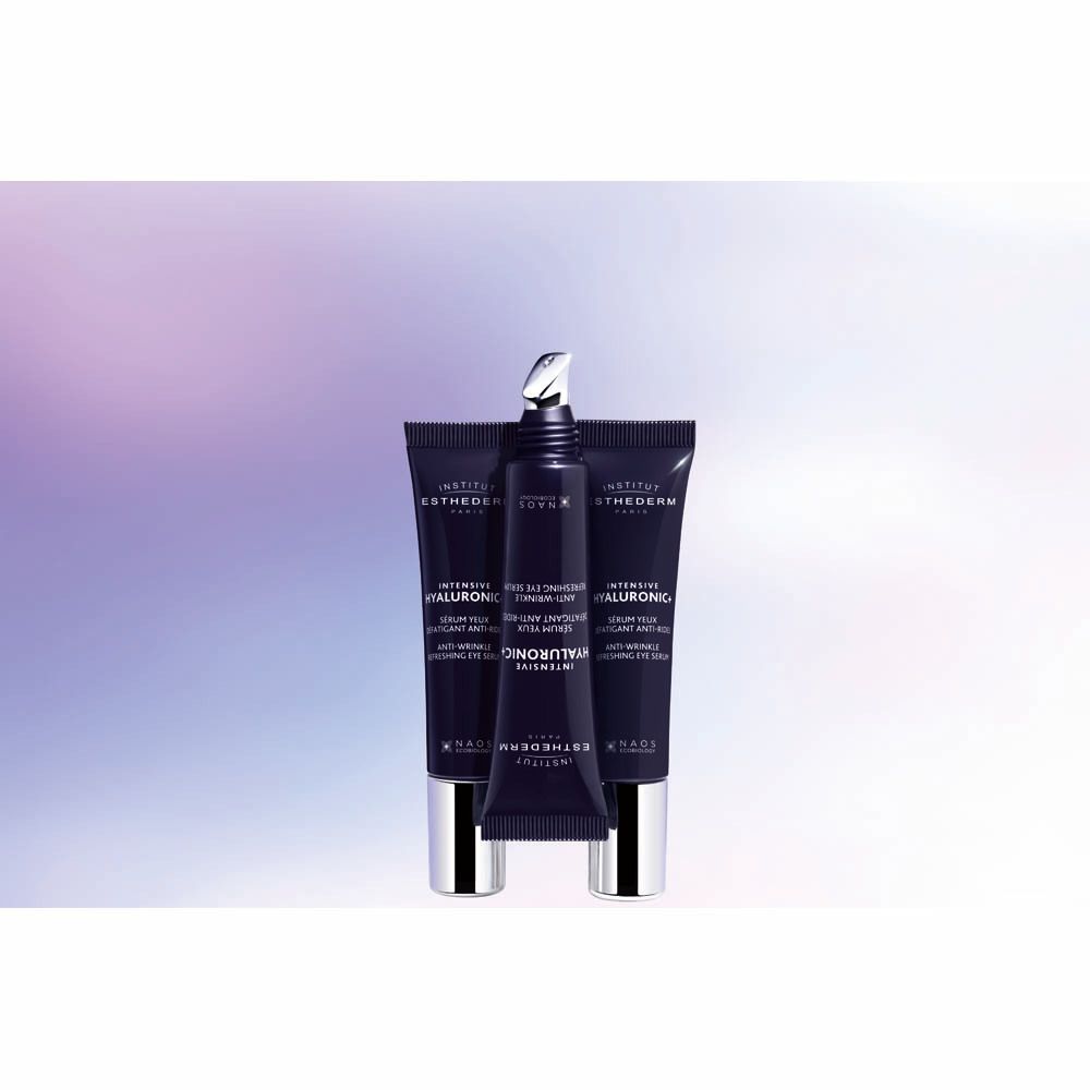 Plusieurs tubes. Texte: Institut Esthederm, Intensive Hyaluronic, Sérum yeux, Anti-Wrinkle, Refreshing Eye Serum.