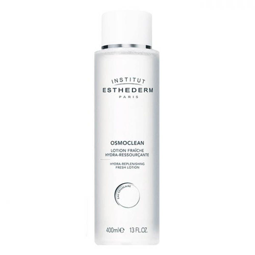 Flacon transparent avec bouchon blanc. Inscription: Institut Esthederm, Osmoclean, Lotion fraîche Hydra-ressourçante.