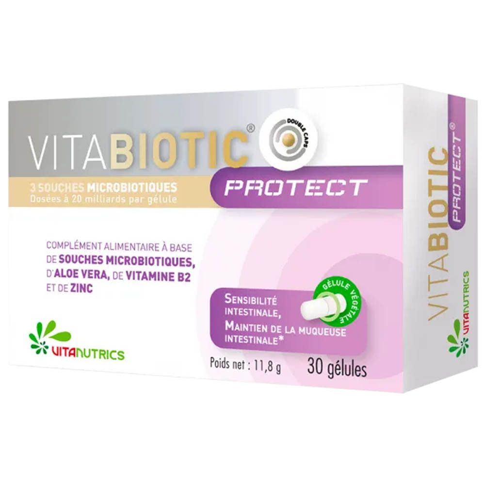 Boîte Vitabiotic Protect. Blanche, grise et violette. Contient 30 gélules. Texte: 3 Souches, 15 milliards par gélule.
