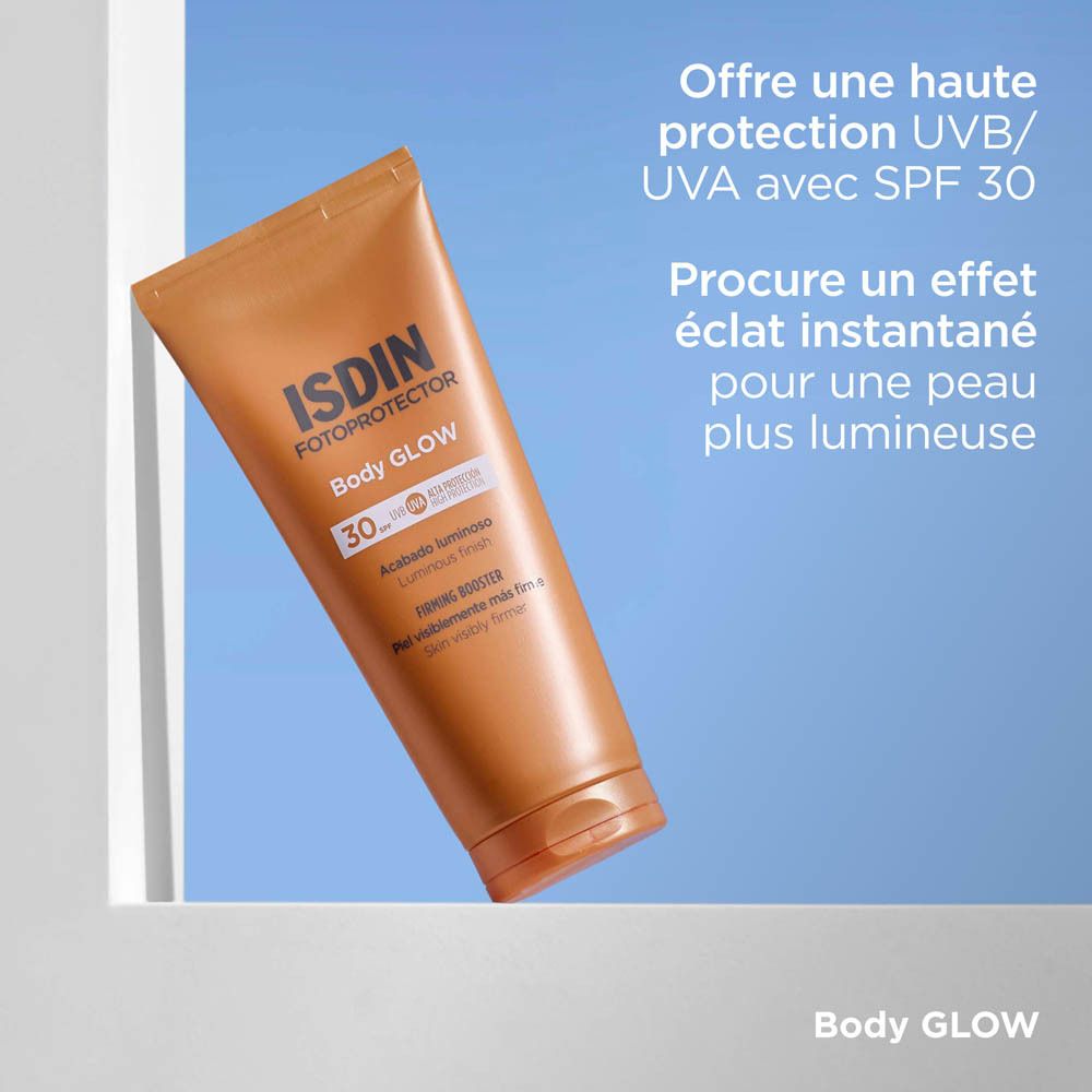 Tube ISDIN Body Glow SPF30. Texte: Offre une haute protection UVB/UVA avec SPF30. Procure un éclat instantané.