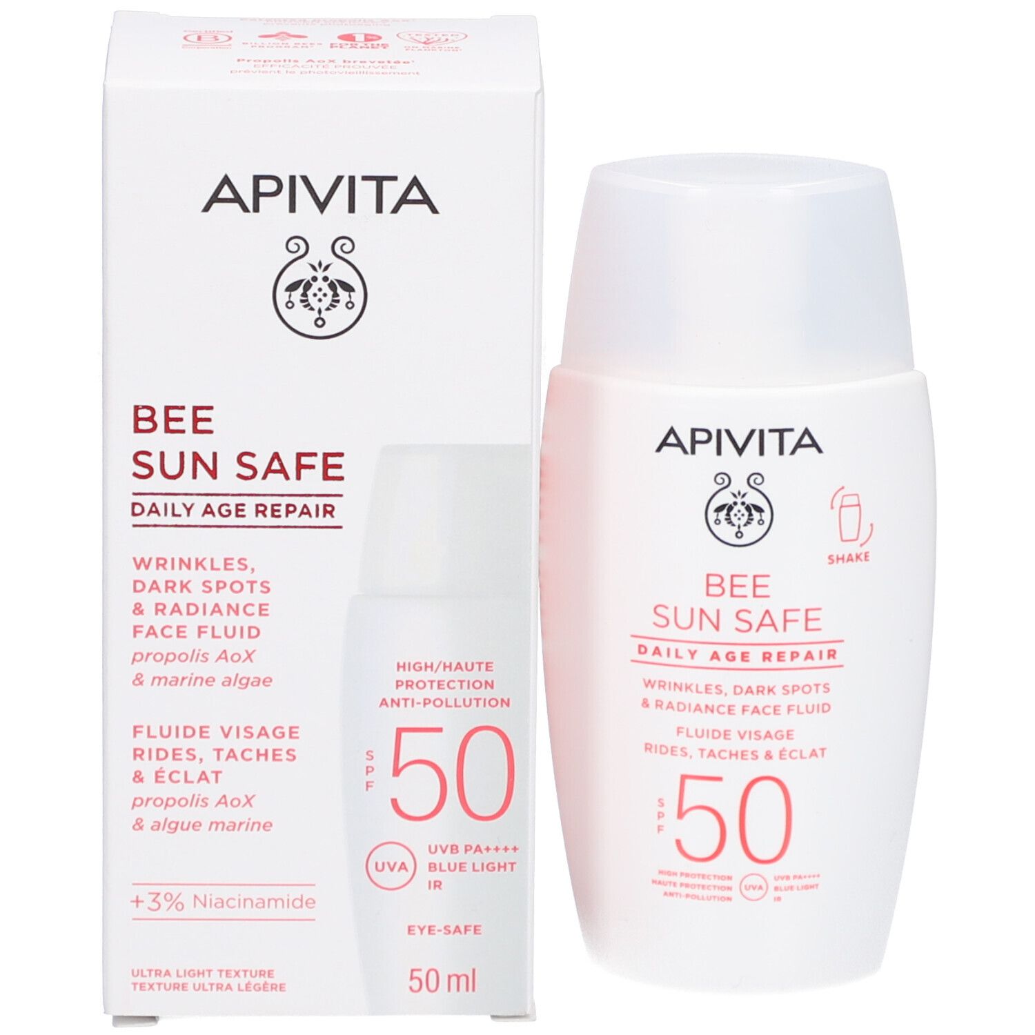 Flacon et emballage Apivita solaire, SPF 50, 50ml.