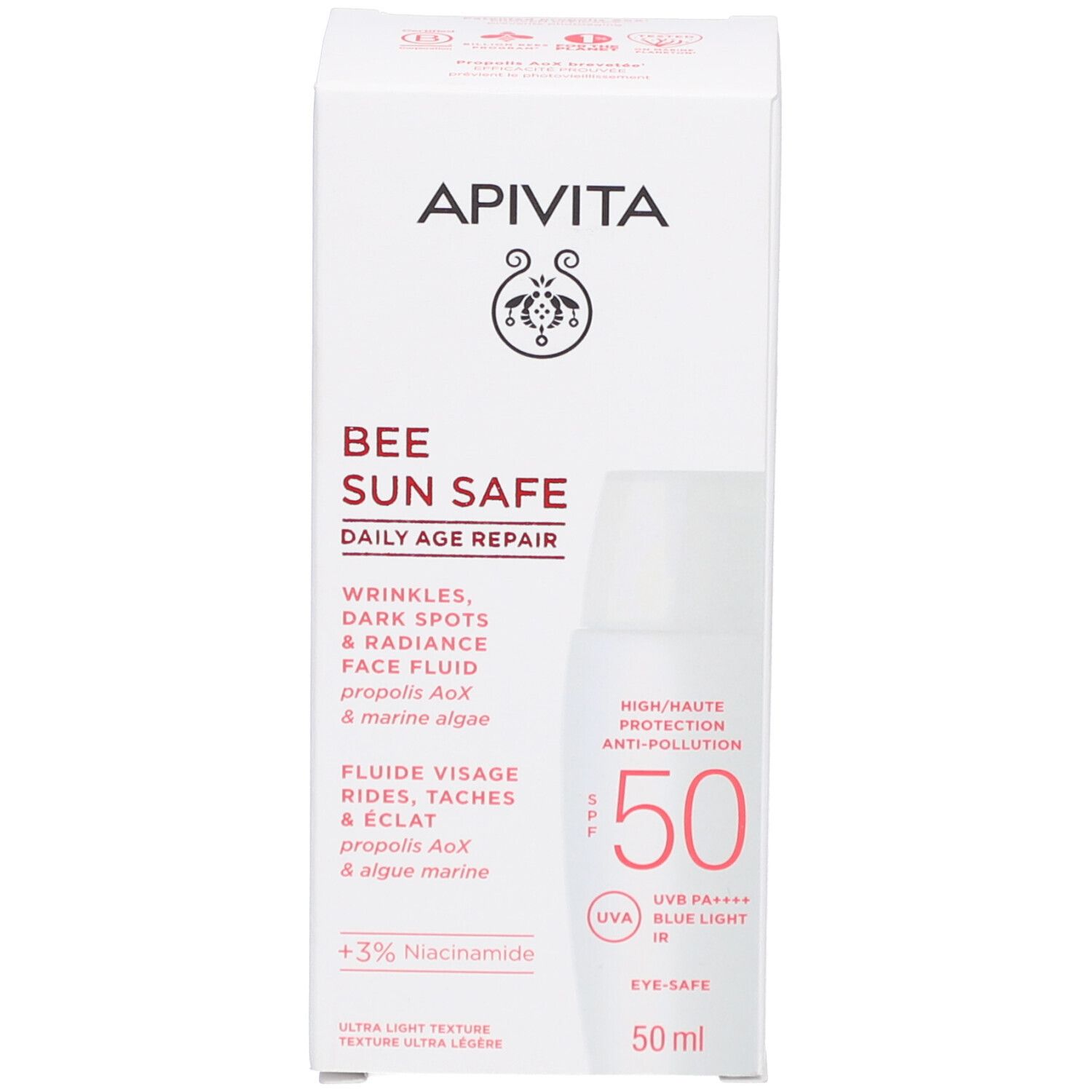 Flacon et emballage Apivita solaire, SPF 50, 50ml.