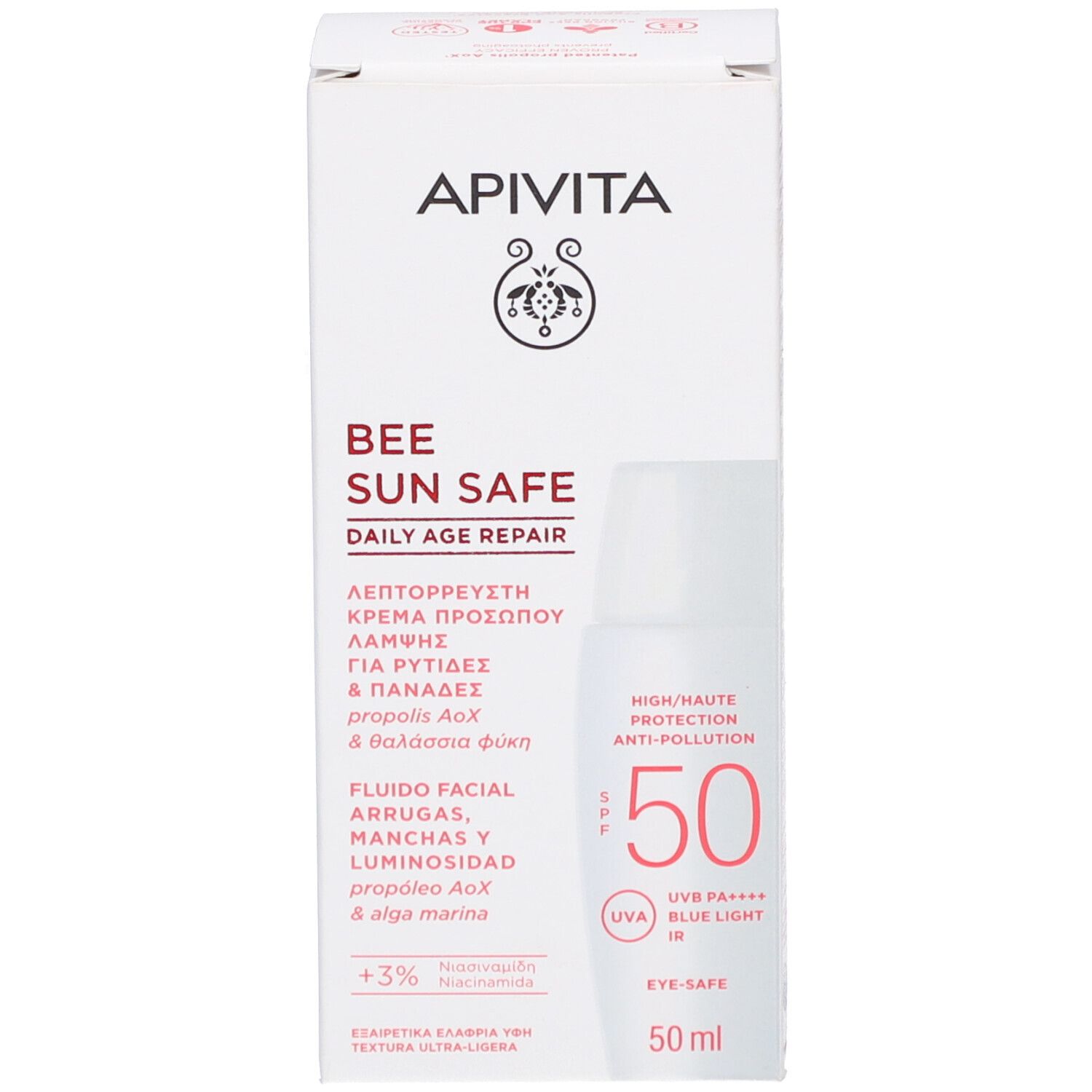 Emballage Apivita solaire avec informations produit multilingues.